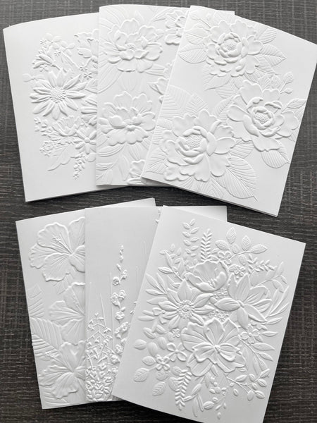 Embossed Floral Greeting Cards Set: Blank Note Cards, Heavy White Card Stock, Floral Set 1