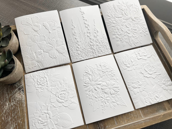 Embossed Floral Greeting Cards Set: Blank Note Cards, Heavy White Card Stock, Floral Set 1