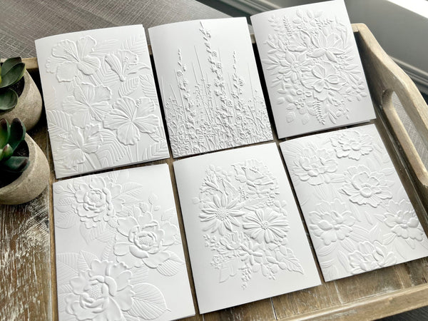Embossed Floral Greeting Cards Set: Blank Note Cards, Heavy White Card Stock, Floral Set 1