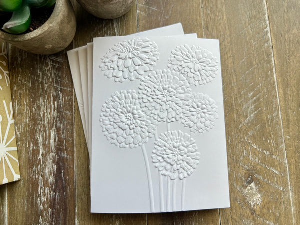Embossed Floral Greeting Card Set: Blank White Cards, Zinnia Design, Zinnias Cards