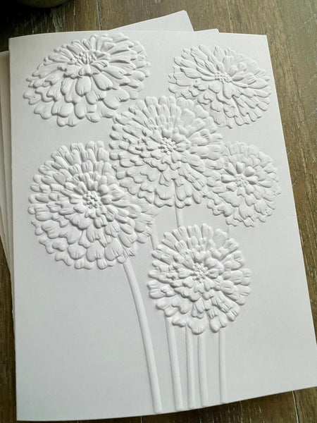 Embossed Floral Greeting Card Set: Blank White Cards, Zinnia Design, Zinnias Cards