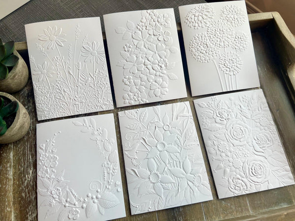 Embossed Floral Greeting Cards Set: Blank Note Cards, Heavy White Card Stock, Floral Set 1