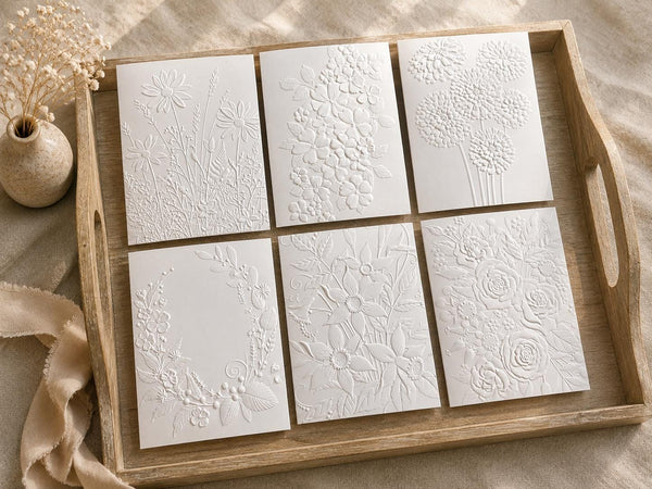Embossed Floral Greeting Cards Set: Blank Note Cards, Heavy White Card Stock, Floral Set 1