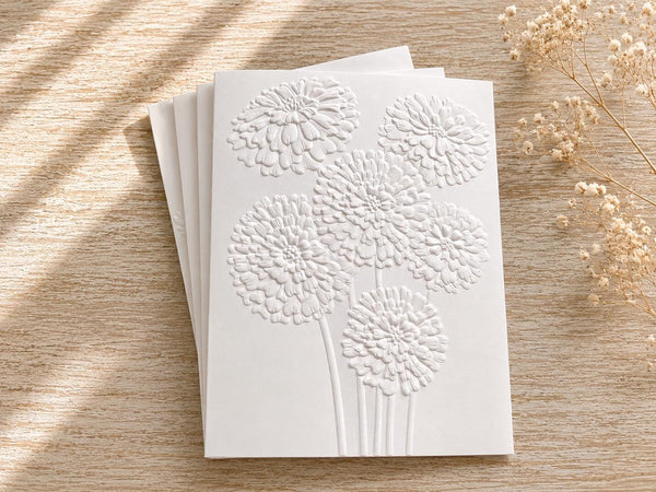 Embossed Floral Greeting Card Set: Blank White Cards, Zinnia Design, Zinnias Cards