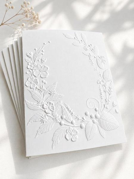 Embossed Floral Greeting Card Set: Blank Inside, White Card Stock, Blossom Wreath