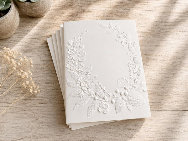 Embossed Floral Greeting Card Set: Blank Inside, White Card Stock, Blossom Wreath